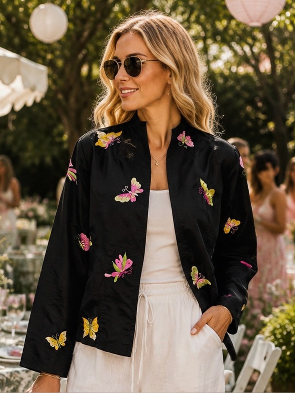 Rarities Butterfly Embroidered Silk Blend Jacket Black Open Front Size M Artsy